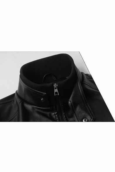 Men's Trendy Band Collar Long Sleeve Zip Placket Slim Leather Jacket Biker Jacket