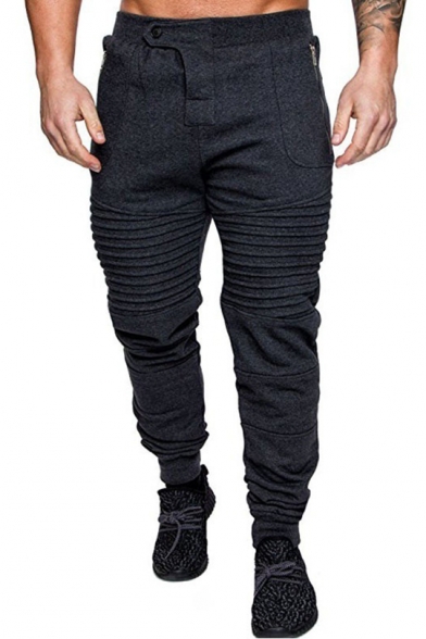 Men's Trendy Pleated Detail Zip Pockets Button-Fly Plain Casual Sport Pants Sweatpants