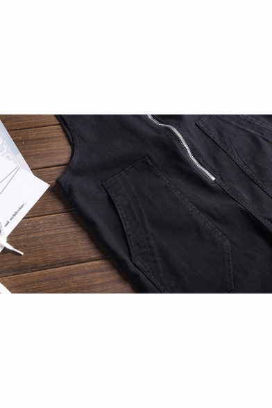 Men's Unique Zip Up Solid Color Black Slim Fit Bib Overalls