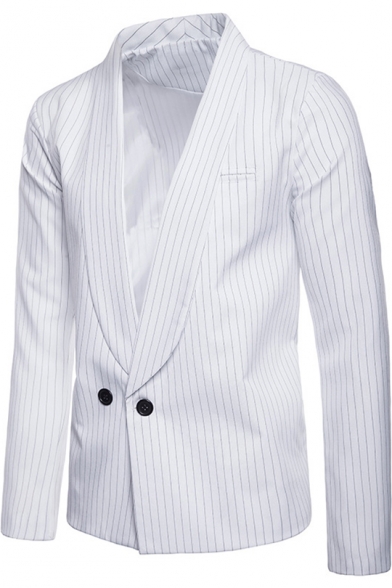 Men's Vertical Striped Pattern Shawl Collar Long Sleeve Double Button Front Casual Blazer Coat