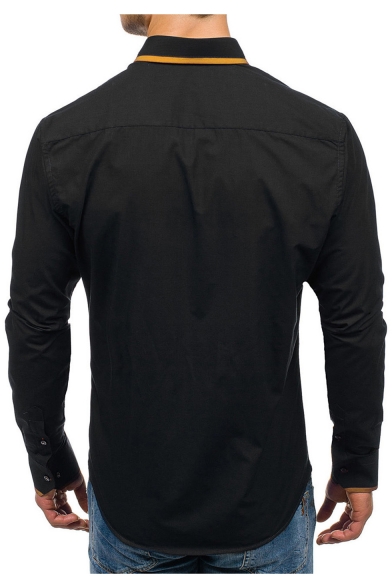Mens New Trendy Contrast Collar Linellae Embellished Long Sleeve Button Down Shirt
