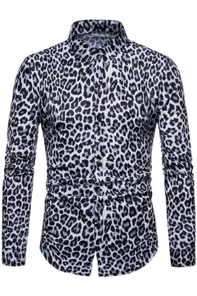 Mens Nightclub Fashion Leopard Print Long Sleeve Fitted Button-Up Shirt