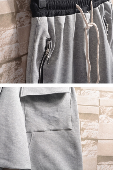 Mens Simple Plain Drawstring-Waist Zip Pockets Loose Fit Sport Sweat Shorts