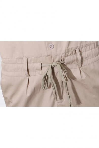 Mens Summer Simple Plain Three-Quarter Sleeve Drawstring Waist Button Down Slim Fit Playsuits Rompers