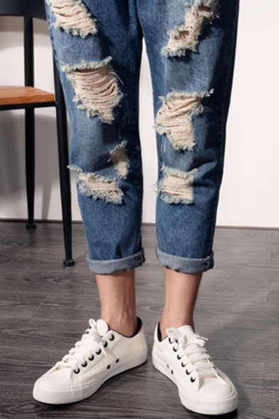 Mens Summer Stylish Destroyed Ripped Detail Rolled Cuff Denim Blue Jeans Suspender Overalls