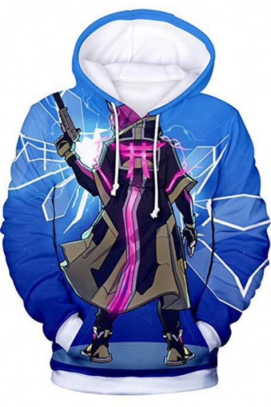 New Popular Game Cool Figure Pattern Blue Pullover Drawstring Hoodie