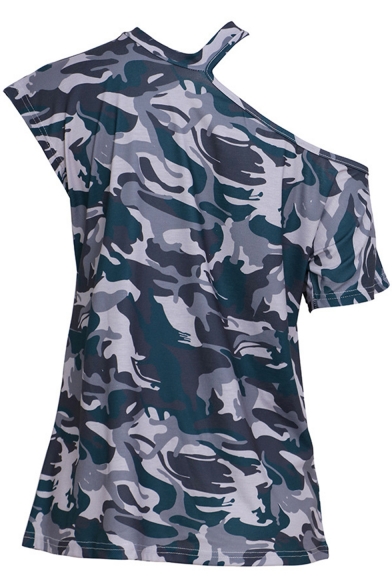 New Trendy Camouflage Print Cold Shoulder Short Sleeve Loose Fit T-Shirt