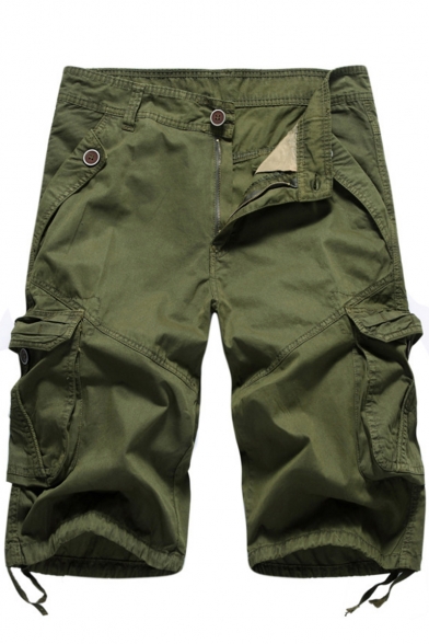 New Trendy Simple Plain Flap Pocket Side Tied-Cuff Mens Casual Military Cargo Shorts