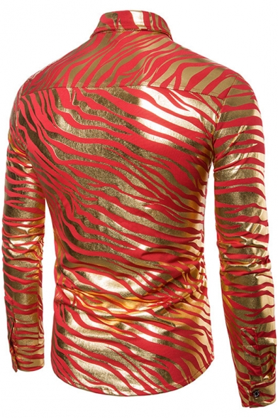 Popular Metallic Color Zebra Print Long Sleeve Mens Button-Up Shirt