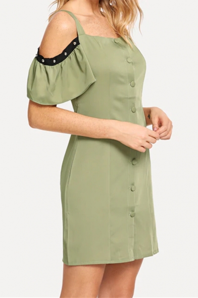 Sexy Green Off The Shoulder Buttons Down Short Sleeve Plain Mini Sheath Dress