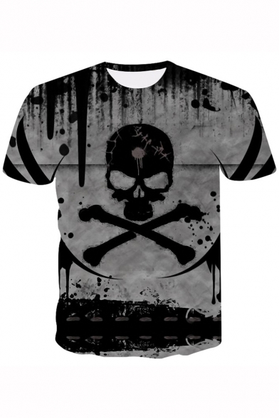 Summer New Fashion Cool Skull Printed Short Sleeve Basic Black T-Shirt