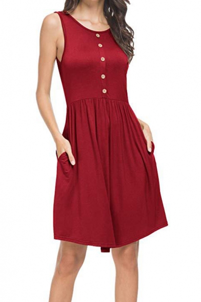 Summer Simple Plain Buttons Embellished Sleeveless Casual Midi Tank Dress with Pockets