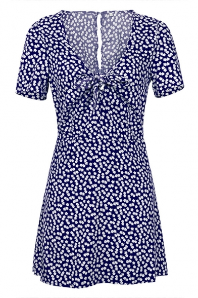 Summer V-Neck Short Sleeves Allover Floral Pattern Bow Front Mini A-Line Dress