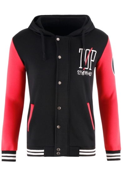 Colorblock Long Sleeve Hooded Button Down Black Jacket