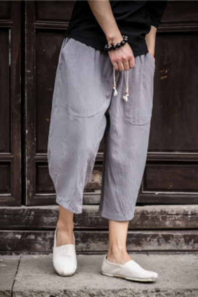 Vintage Chinese Style Linen Simple Plain Cropped Wide-Leg Casual Pants for Men