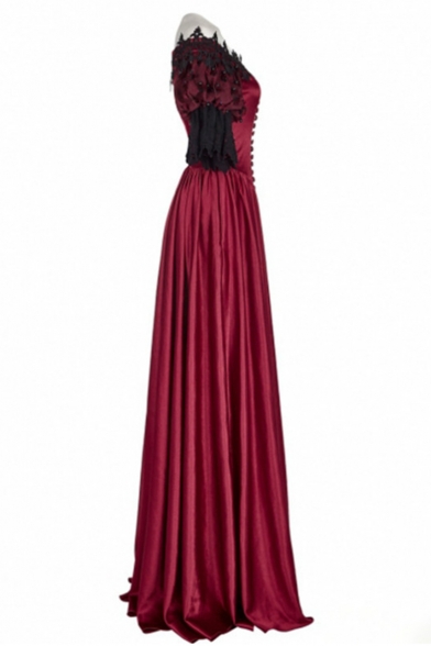 Vintage Middle Ages Off the Shoulder Short Sleeve Lace Panel Floor Length Flared Dress
