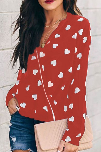 Womens Trendy Allover Heart Printed V-Neck Long Sleeve Casual Blouse