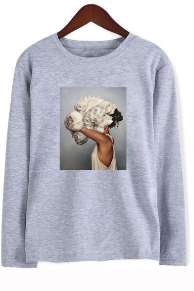 Aesthetics Vintage Floral Figure Print Round Neck Long Sleeve Unisex Relaxed T-Shirt