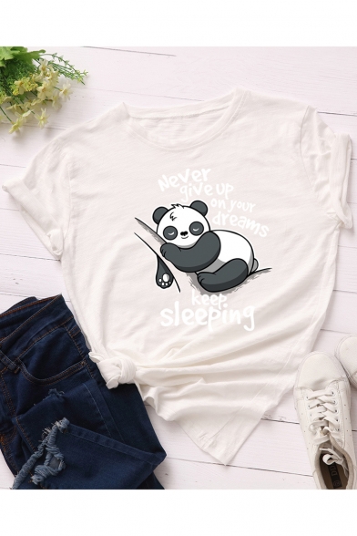 Cartoon Cute Panda Letter Print Round Neck Short Sleeves Casual Cotton Tee
