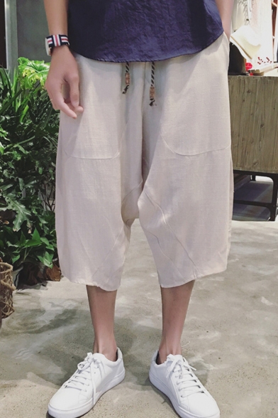 Chinese Style Retro Drawstring Waist Summer Linen Dropped Crotch Plain Cropped Pants for Guys
