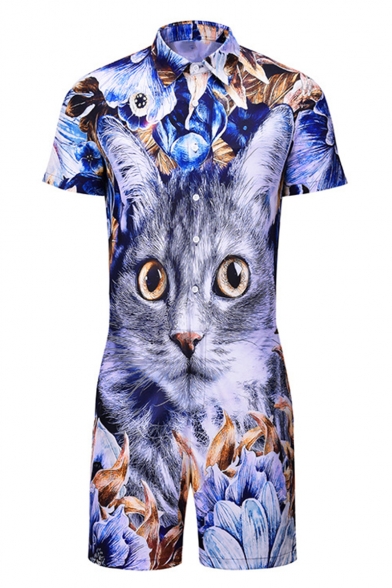 Cool 3D Floral Cat Printed Short Sleeve Shirt Collar Button-Down Fitted Work Rompers