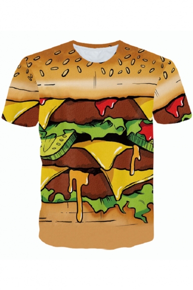 Cool 3D Hamburger Printed Round Neck Short Sleeve Yellow T-Shirt