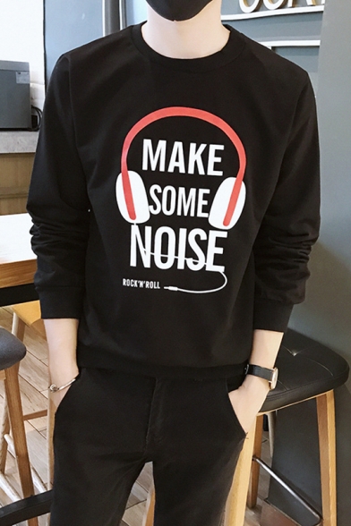 Cool Letter MAKE SOME NOISE Earphone Print Long Sleeve Casual Graphic Sweatshirt