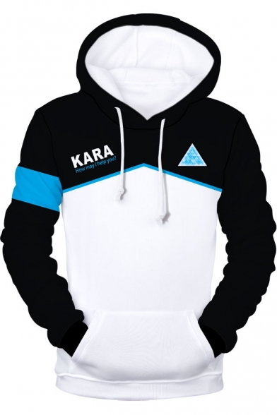 Fashion 3D Colorblocked Long Sleeve Black and White Drawstring Hoodies