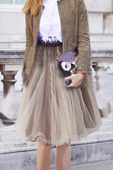 Fashion Elastic Waist Solid Midi A-Line Pleated Organza Mesh-Gauze Skirt