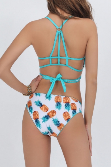 Fashion Pineapple Pattern V-Neck Crisscross Tied Back White Bikini Swimwear