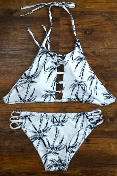 Fashion Tropical Coconut Palm Print Hollow Out Halter Tied Back Bikini Swimwear