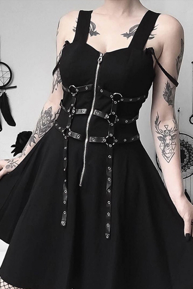 Gothic Punk Style Sleeveless Ring Leather Rope Patched Zip Placket Black Mini A-Line Dress