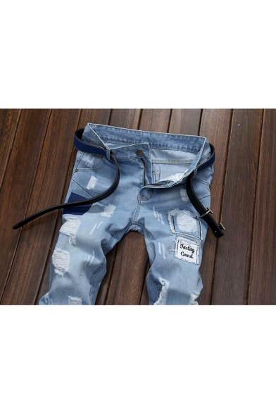 Guys Fashion Vintage Letter Patchwork Destroyed Ripped Jeans in Light Blue