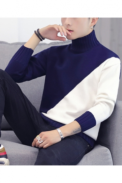 Guys New Fashion Color Block Long Sleeve High Neck Casual Pullover Sweater