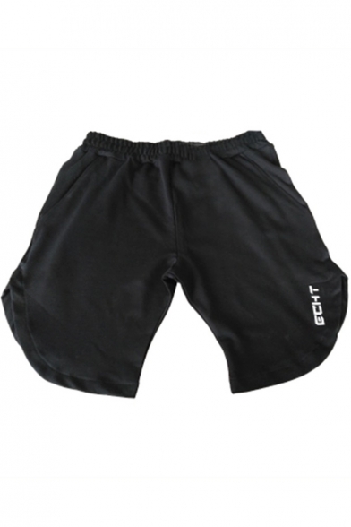 Guys Simple Letter Pattern Zip-Pockets Elastic Waist Dry-Fit Loose Cotton Running Athletic Shorts