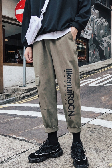 Guys Street Fashion Letter Printed Rolled Cuff Large Pocket Casual Straight Cargo Trousers