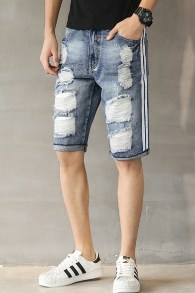 Guys Street Fashion Ripped Detail Stripe Side Loose Casual Light Blue Denim Shorts