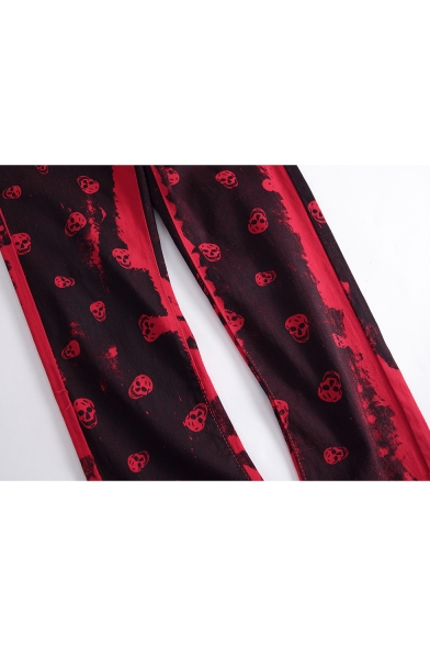 Hot Fashion Cool Allover Skull Printed Men's Red Stretch Slim Fit Jeans