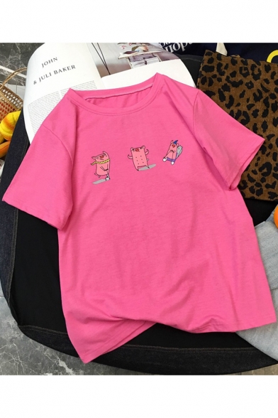 Lovely Pig Pattern Round Neck Short Sleeve Casual Cotton T-Shirt