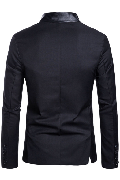 Men's Asymmetrical Button Front PU Patched Long Sleeve Stand Collar Suit Blazer Jacket