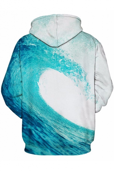 Men's Cool 3D Sea Wave Printed Long Sleeve Loose Fit Blue Drawstring Hoodie