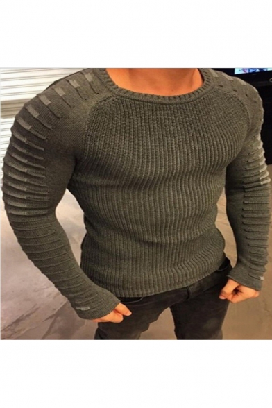 Men's Fashion Round Neck Long Sleeve Pleated Knit Pullover Sweater