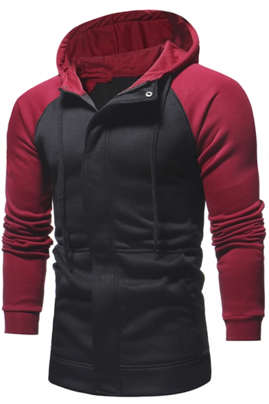 Men's Fashionable Color Block Long Sleeve Zip Up Slim Fit Hoodie with Pockets