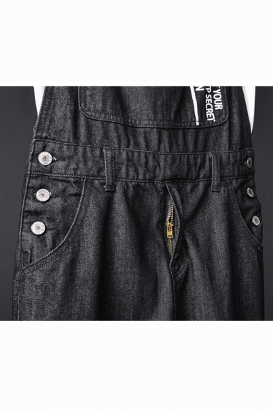 Men's Hip Hop Fashion Letter Printed Vintage Black Denim Jeans Bib Overalls