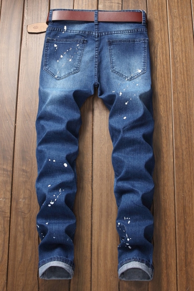 Men's Street Style Ink Dot Printed Pleated Knee Patched Slim Blue Ripped Jeans