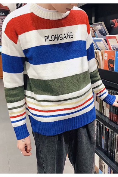 Men's Striped Letter PLOMSANS Printed Round Neck Long Sleeve Pullover Sweater