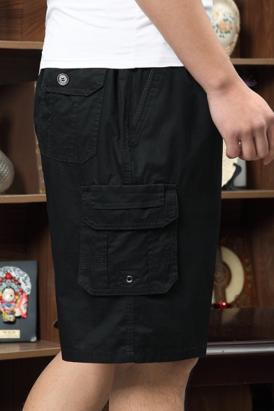 Men's Stylish Plain Drawstring Waist Embroidery Zip-Pockets Casual Relaxed Cotton Shorts