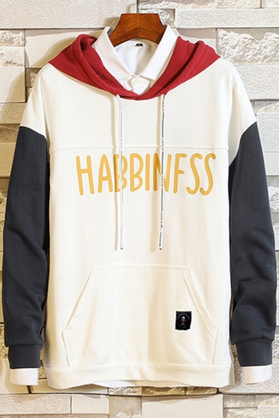 Mens Fashion Letter HABBINFSS Printed Color Block Casual Long Sleeve Pullover Hoodie