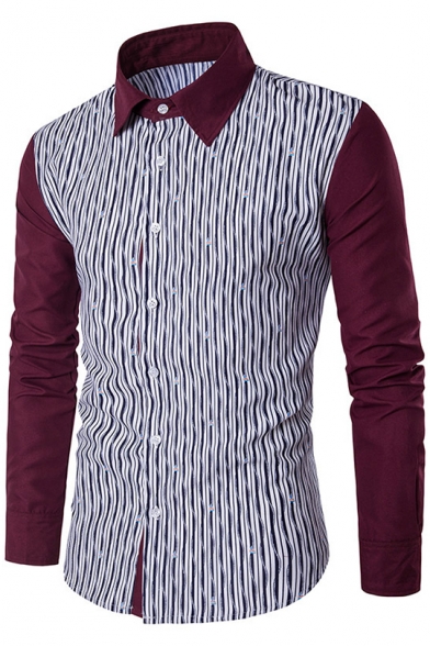 Mens Fashion Striped Printed Long Sleeve Color Block Casual Fitted Button-Up Cotton Shirts