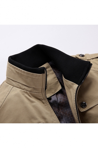 Mens Plain Stand-Up Collar Epaulet Details Long Sleeve Zip Up Slim Cotton Jacket